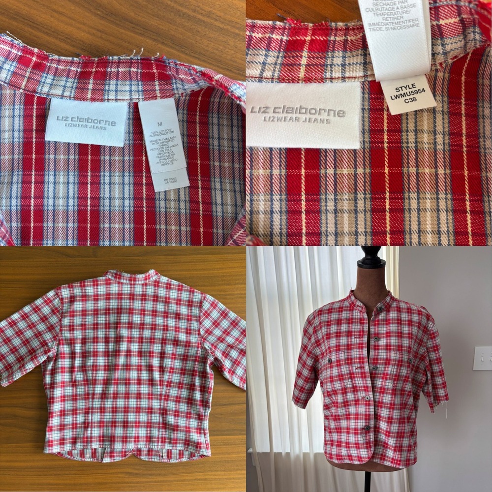 90s Vintage Liz Claiborne Top M Lizwear Cotton Plaid Western Cowgirl Grunge - Picture 4 of 15